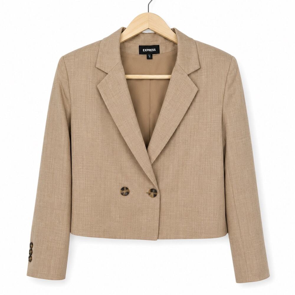 Express Cropped Double Breasted Crosshatch Blazer Tan Size XS